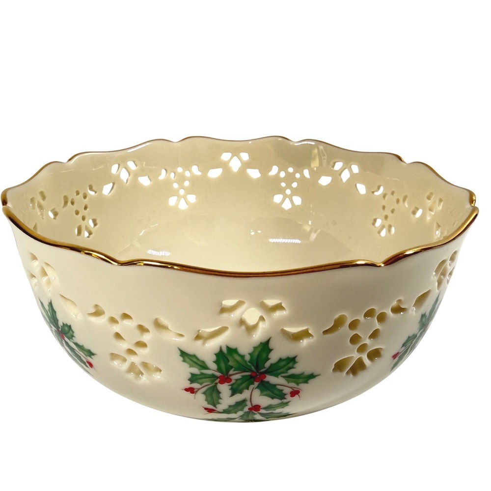 LENOX Holiday Pierced Bowl Ivory Bone China Gold Trim Holly Berry Made in USA 6"